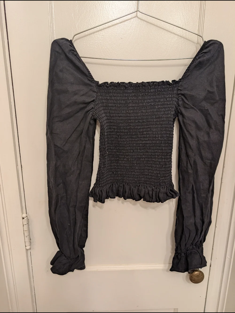 Reformation Tangerine Top In Black Linen Smocked Square-Neck Long-Sleeve Top